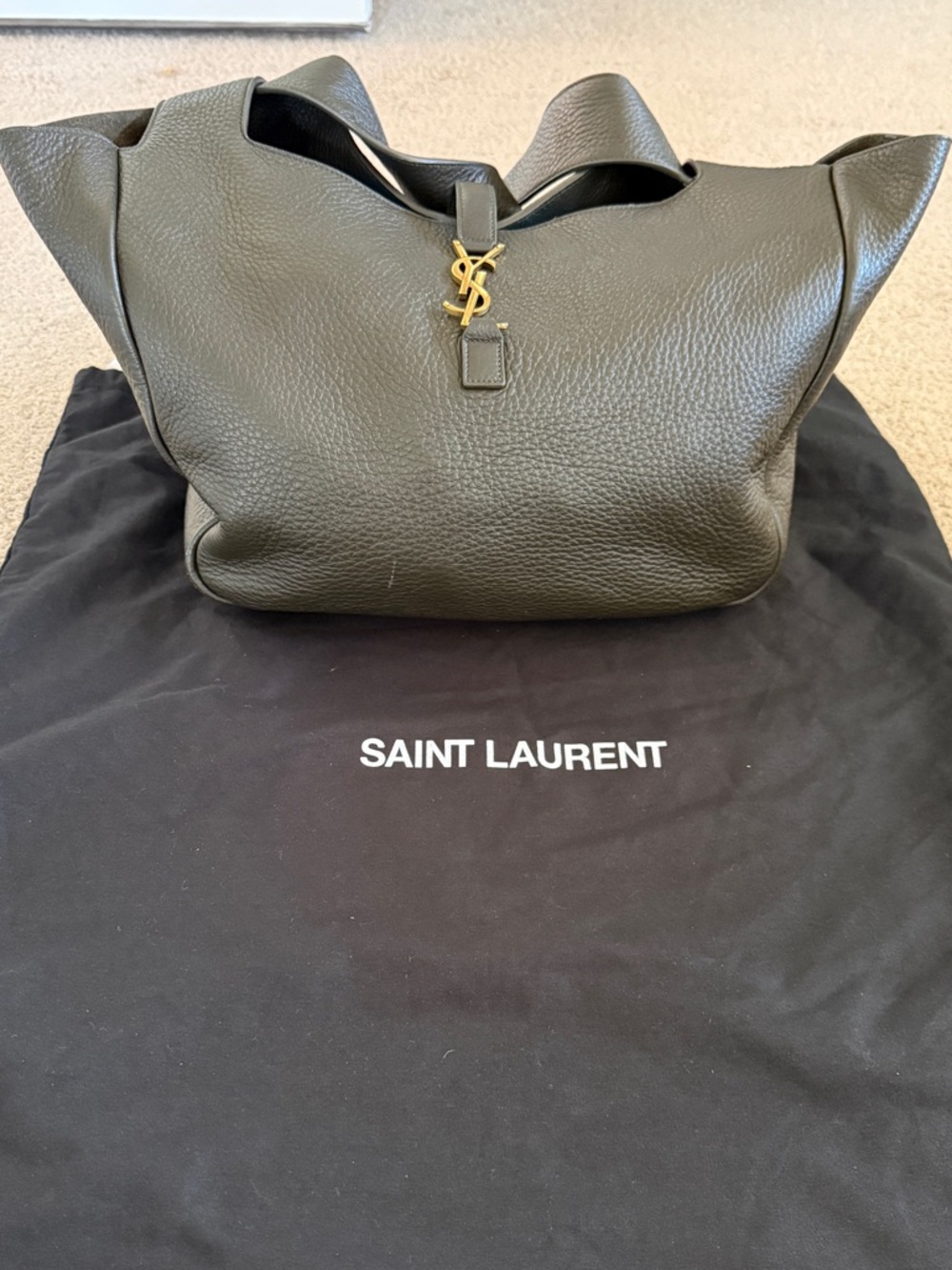 Authentic Saint Laurent Le 5 à 7 Bea Tote Light Musk Grained Leather Large